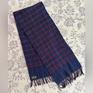 Classic Vintage Navy and Red Checkered Plaid Fringe 100% Cashmere Scarf
